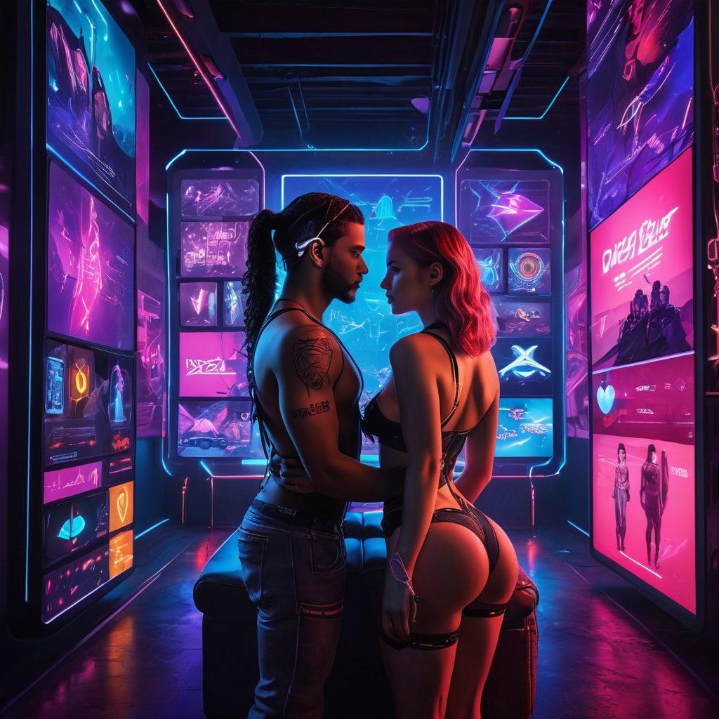 A visually captivating collage depicting a diverse range of online adult entertainment themes, including streaming devices glowing with on-screen sensual content, silhouettes of couples in intimate poses, and hints of technology like VR headsets. Surrounding elements should include stylish neon lights and digital motifs to reflect the modern online culture. Emphasize the flow of trends with arrows and icons symbolizing growth and exploration. vibrant colors. cyberpunk. 3D.